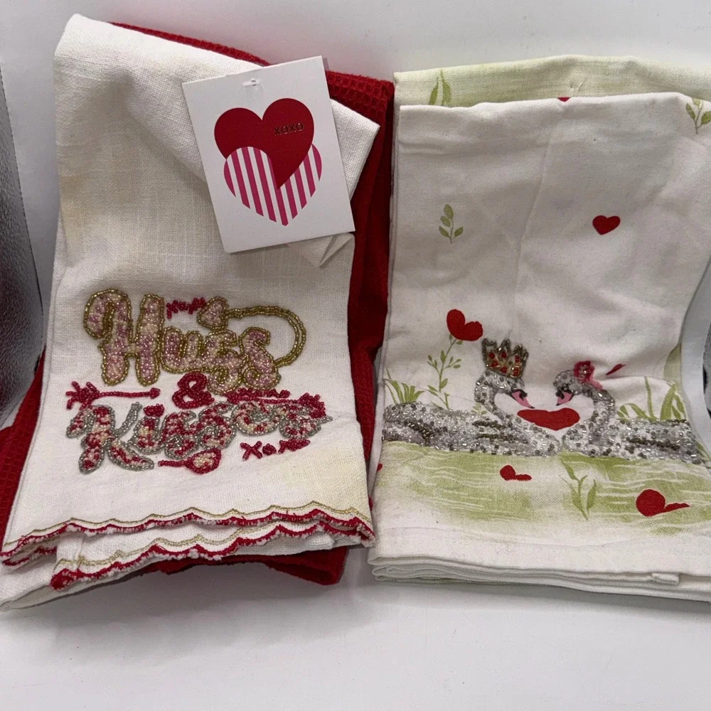 Beaded Valentine's Day Kitchen Towel Set Swans Hugs Kisses Romantic